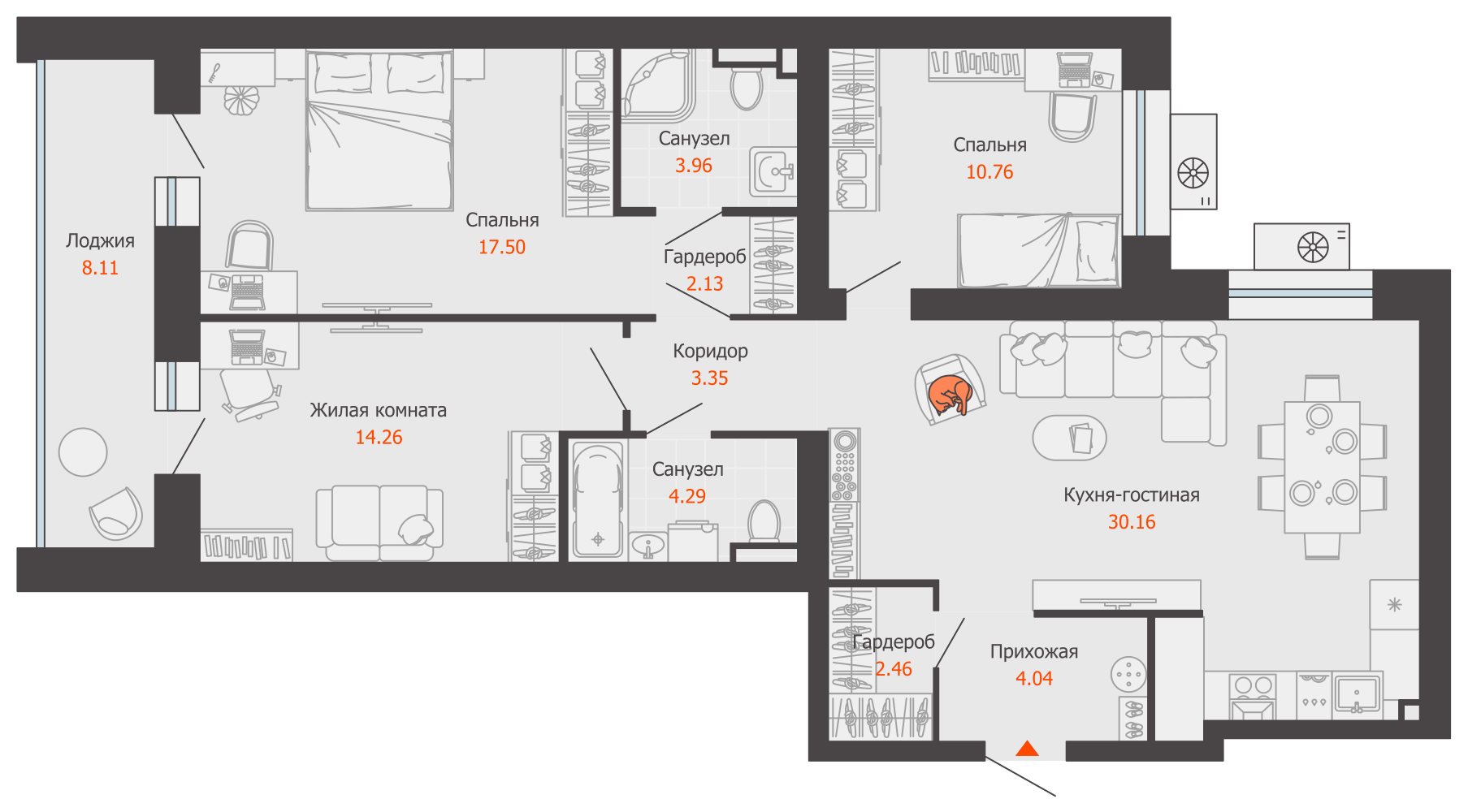 4-комнатная 97 м2 в ЖК ZNAK корпус null этаж 6