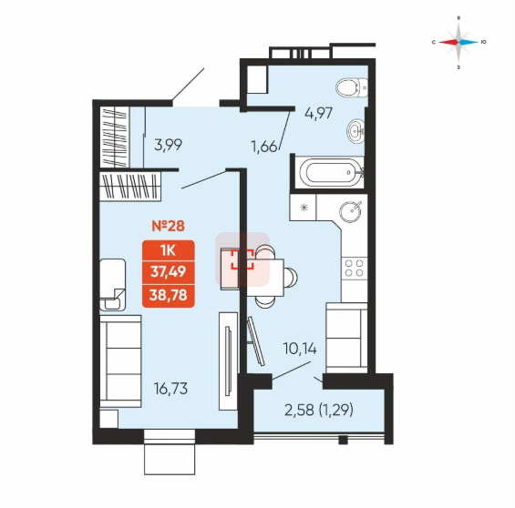 1-комнатная 4193 м2 в ЖК undefined корпус null этаж 10