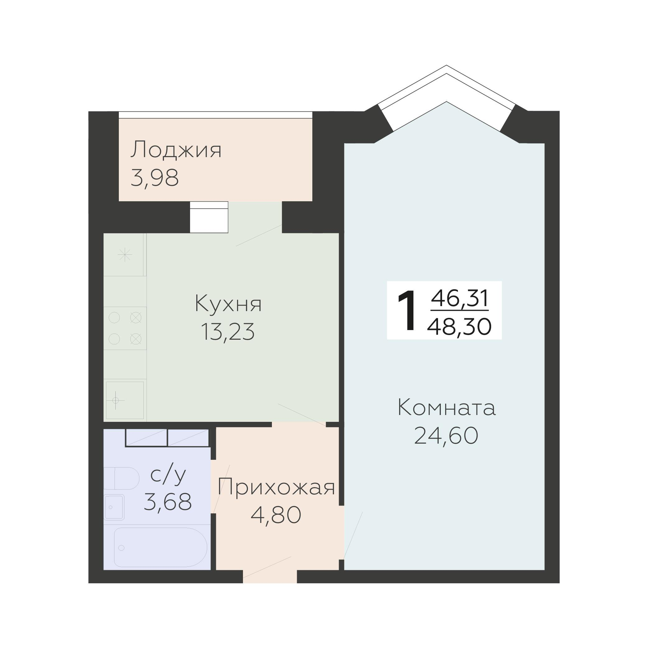 1-комнатная 48 м2 в ЖК Nova парк корпус null этаж 13