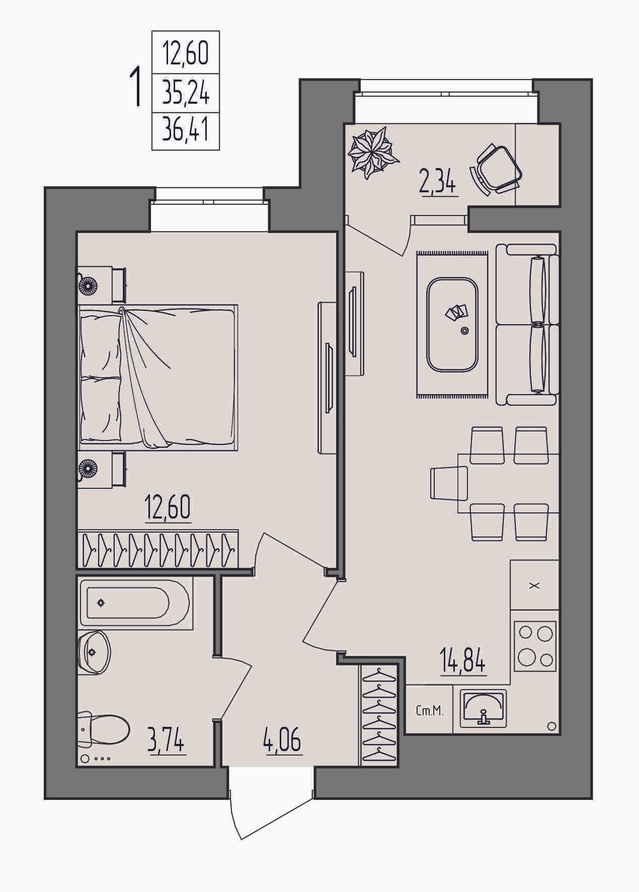 1-комнатная 36 м2 в ЖК Герои поколений корпус null этаж 3