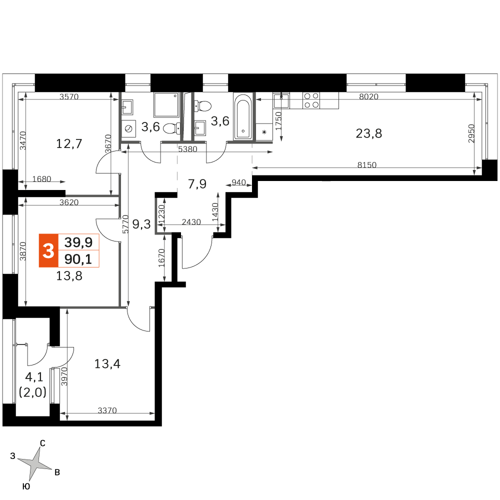 3-комнатная 89 м2 в ЖК Sky Garden корпус null этаж 13