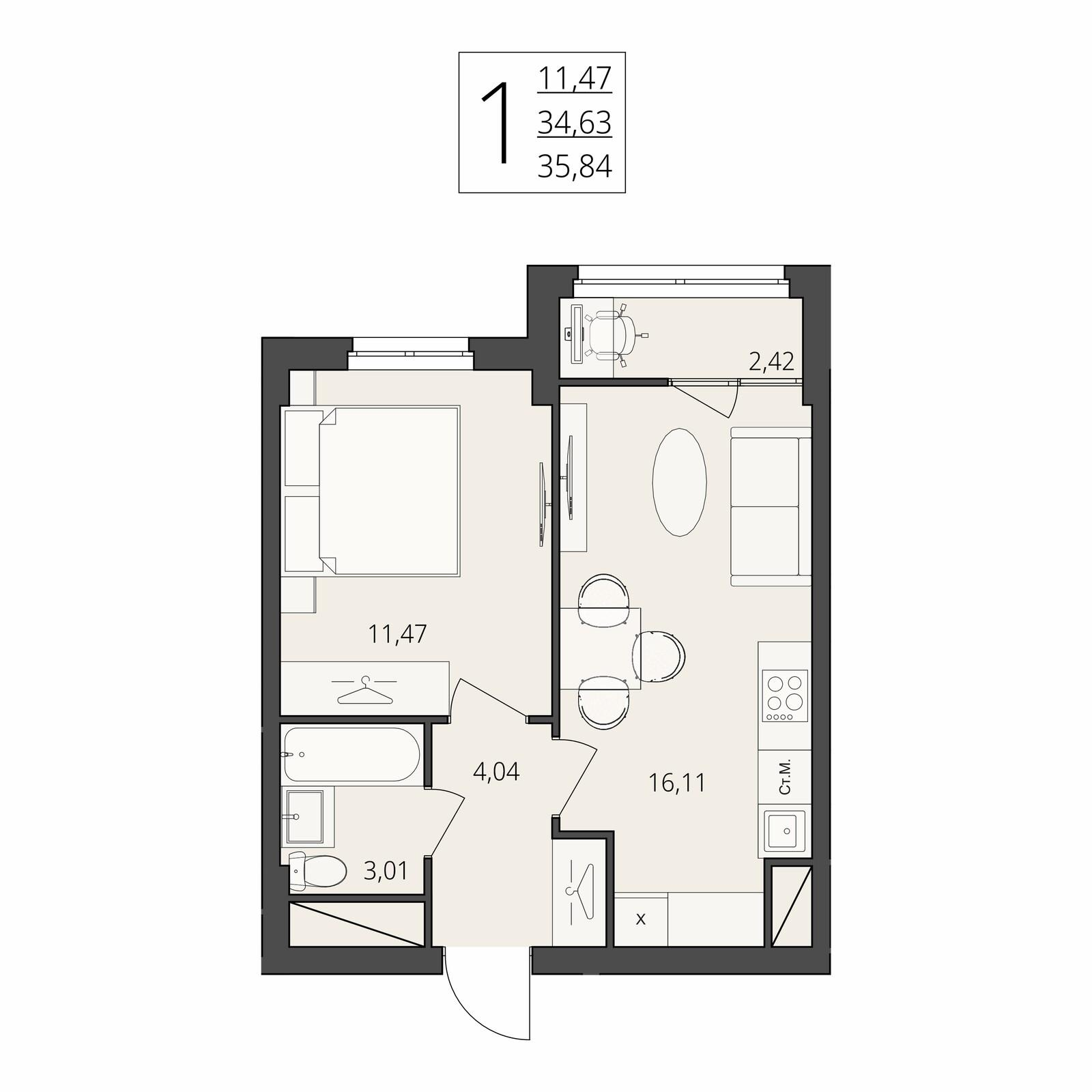 1-комнатная 35 м2 в ЖК Берег Волги корпус null этаж 12