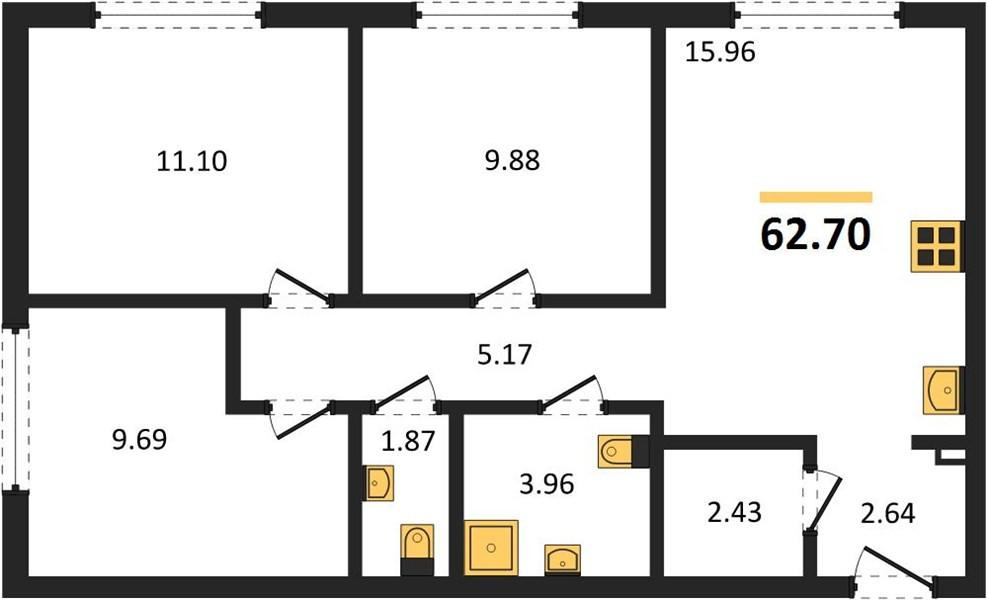 3-комнатная 62.7 м2 в ЖК undefined корпус null этаж 6