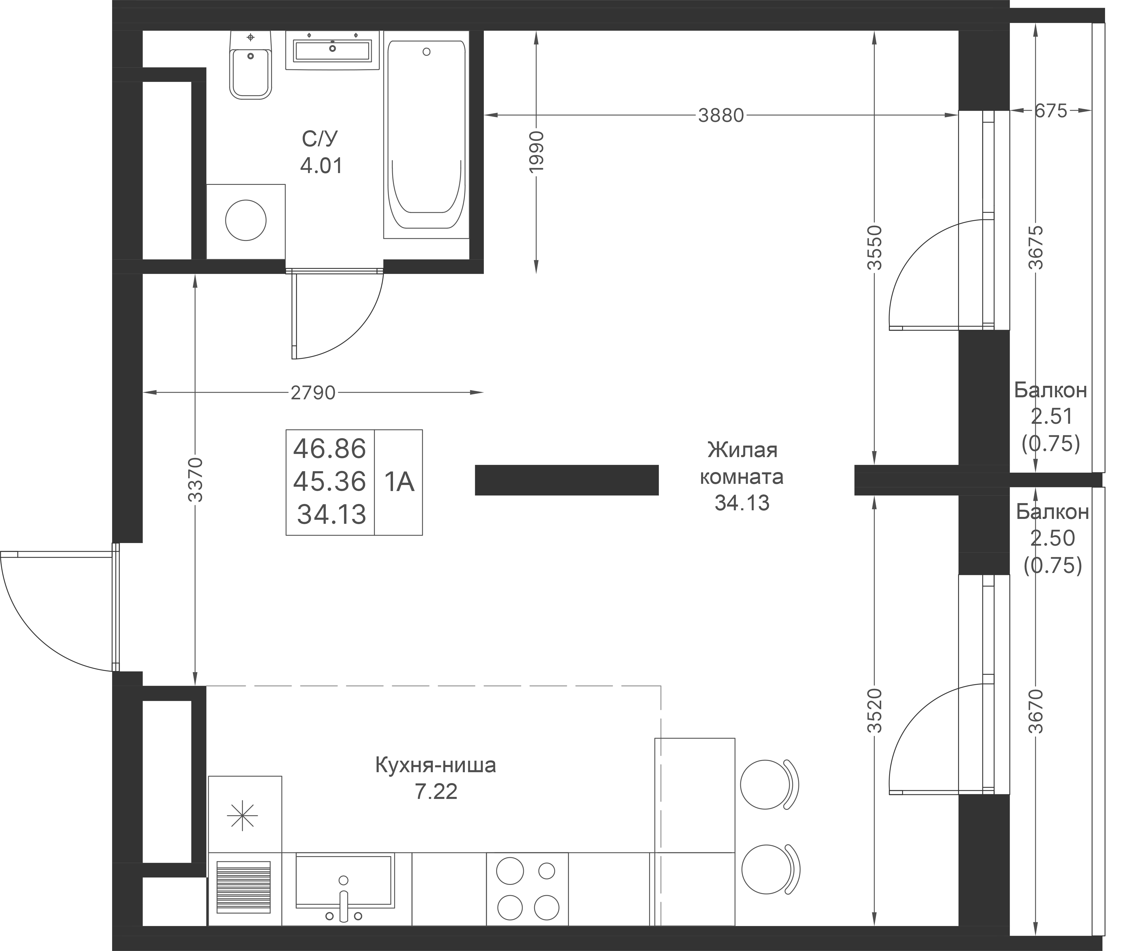 Студия 46 м2 в ЖК Мой Ритм корпус null этаж 15