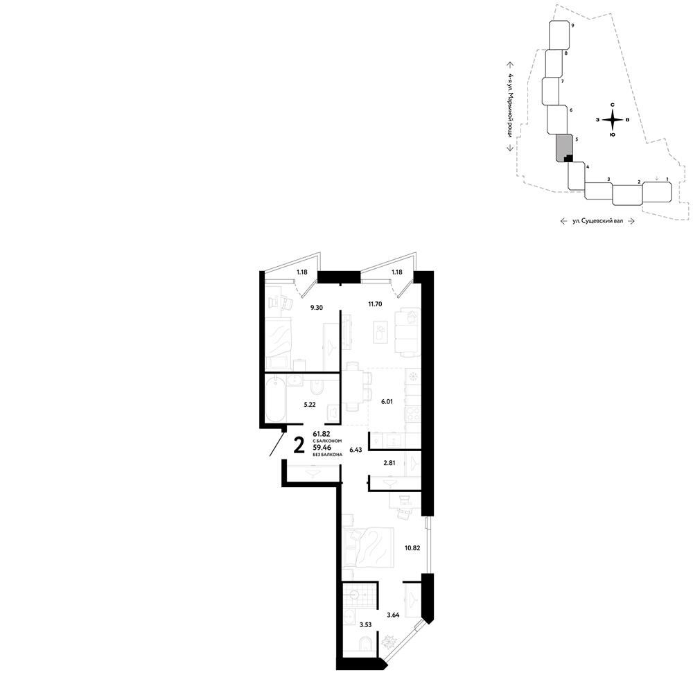 2-комнатная 61 м2 в ЖК Ридж корпус null этаж 8
