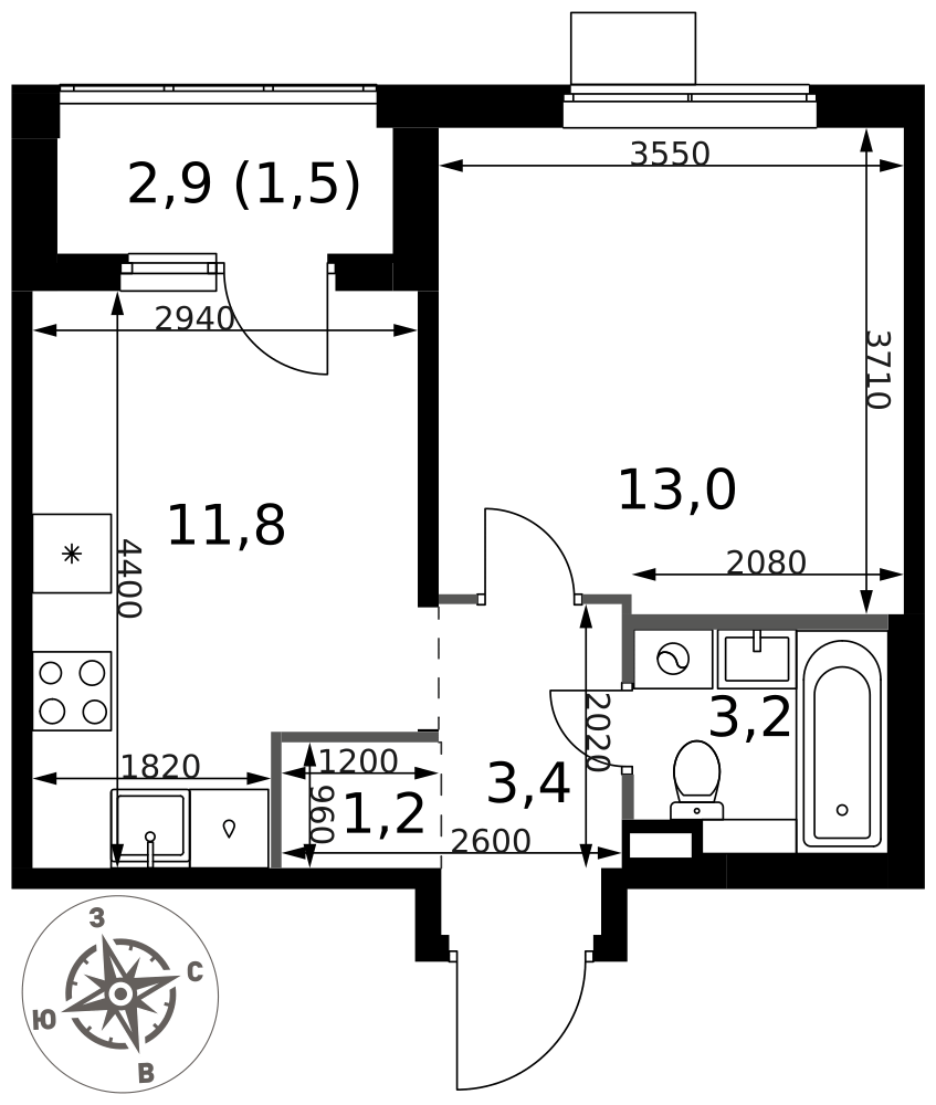 1-комнатная 34 м2 в ЖК 1-й Химкинский корпус null этаж 12
