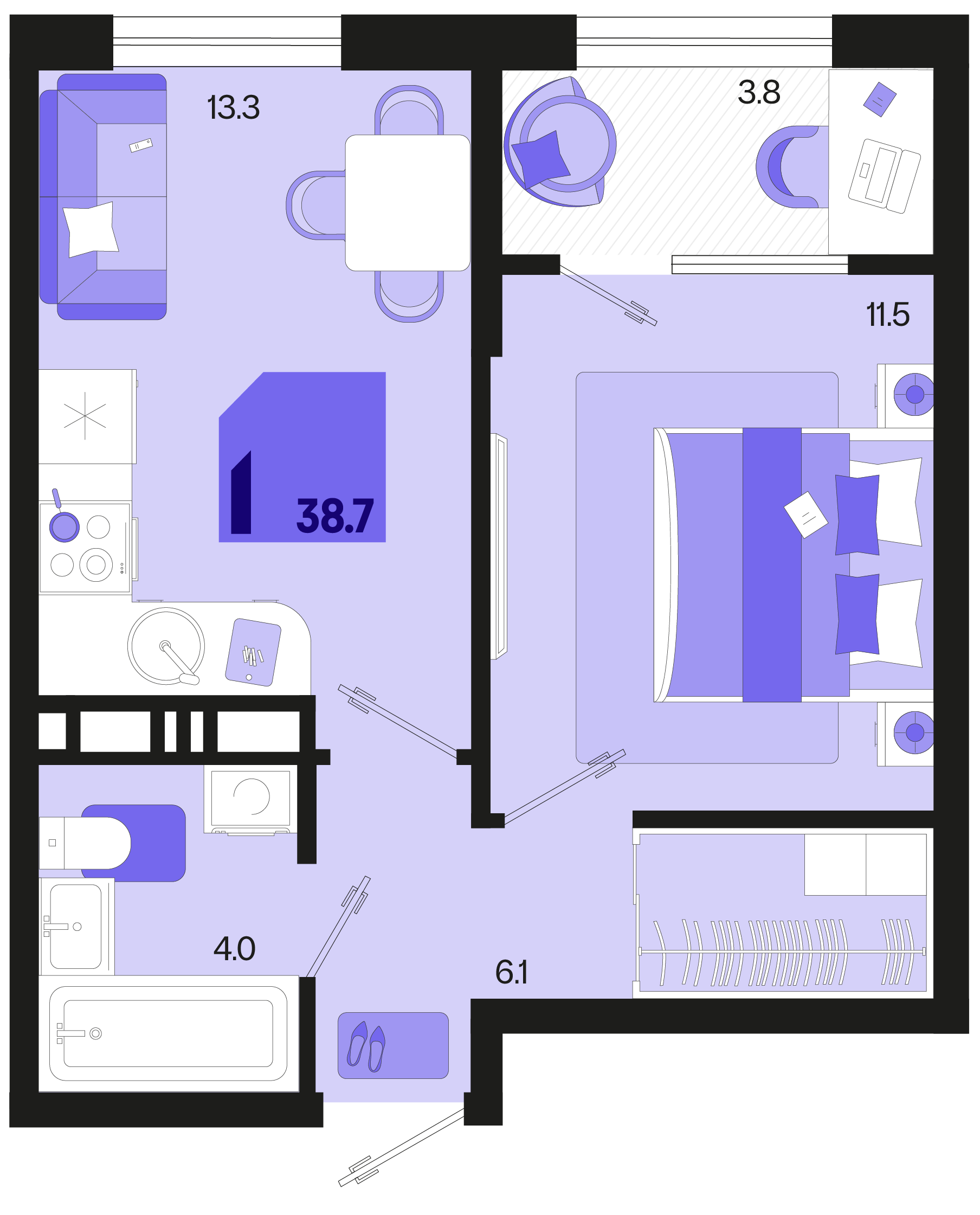 1-комнатная 38 м2 в ЖК Первое место корпус null этаж 10