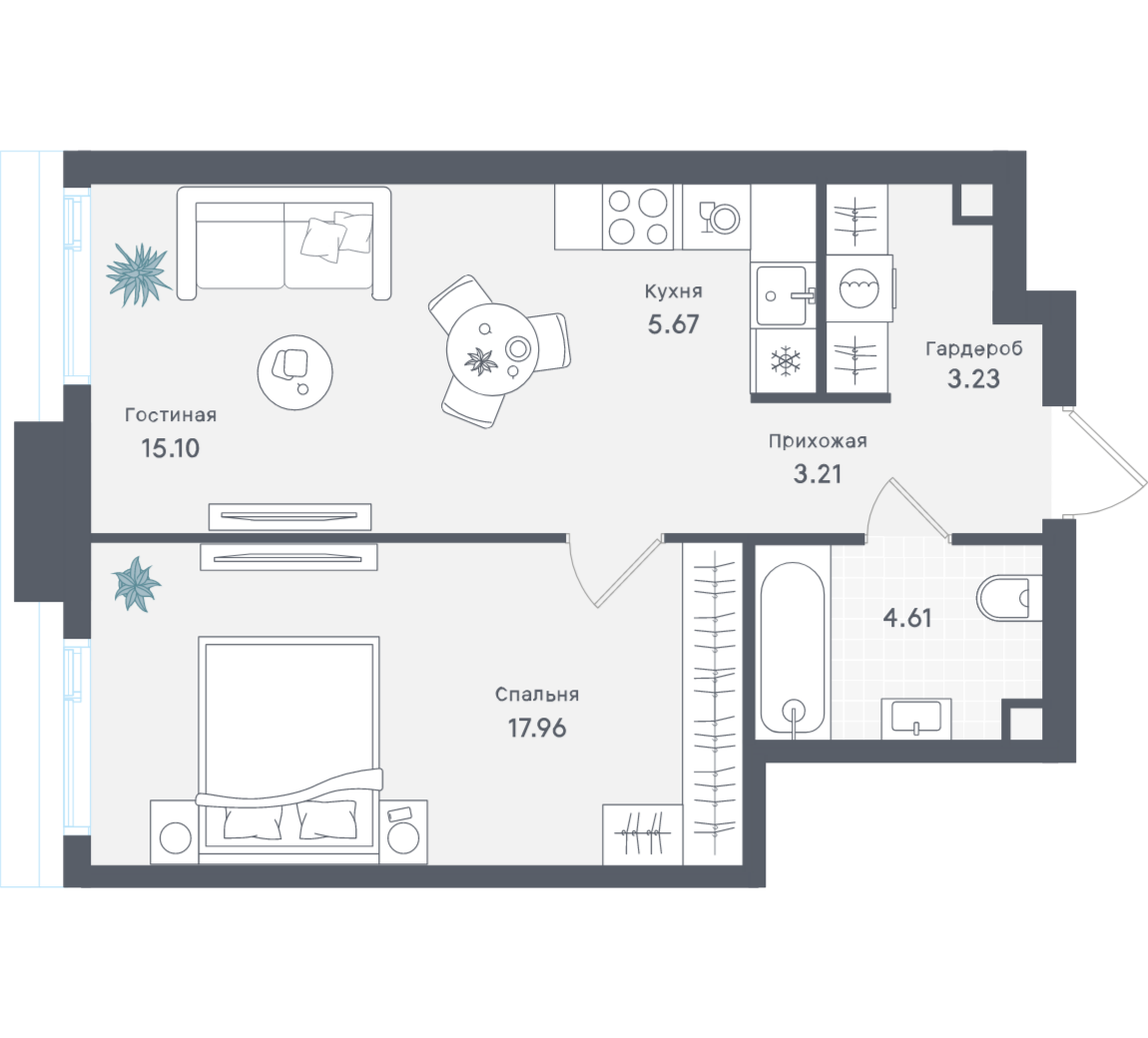 1-комнатная 49 м2 в ЖК Solos корпус null этаж 37