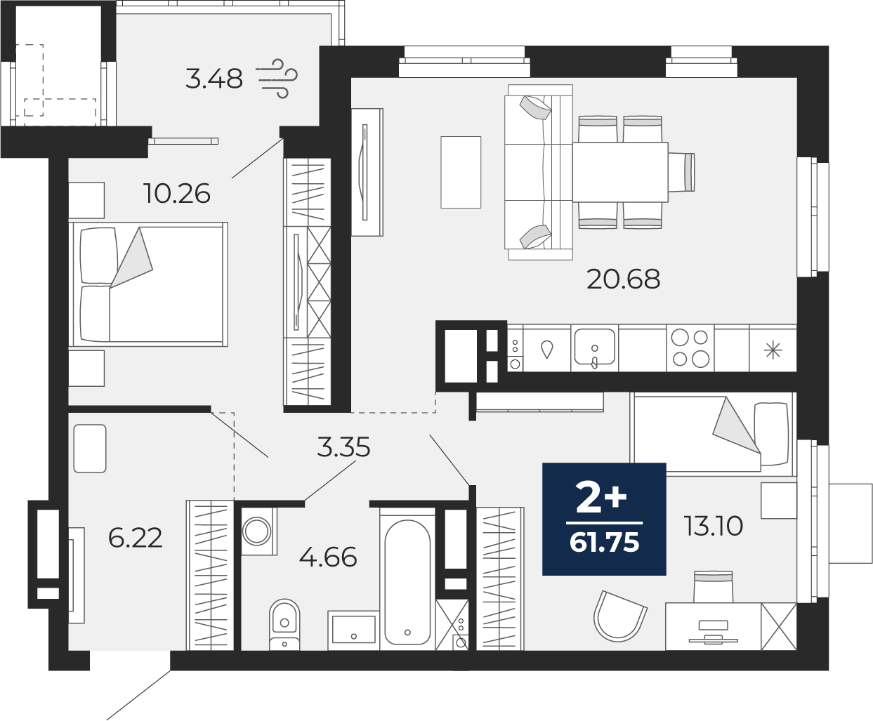2-комнатная 58 м2 в ЖК Мириады корпус null этаж 10