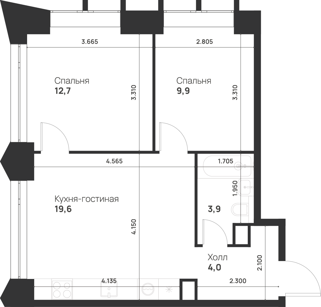 2-комнатная 50 м2 в ЖК ВОЙС корпус null этаж 13