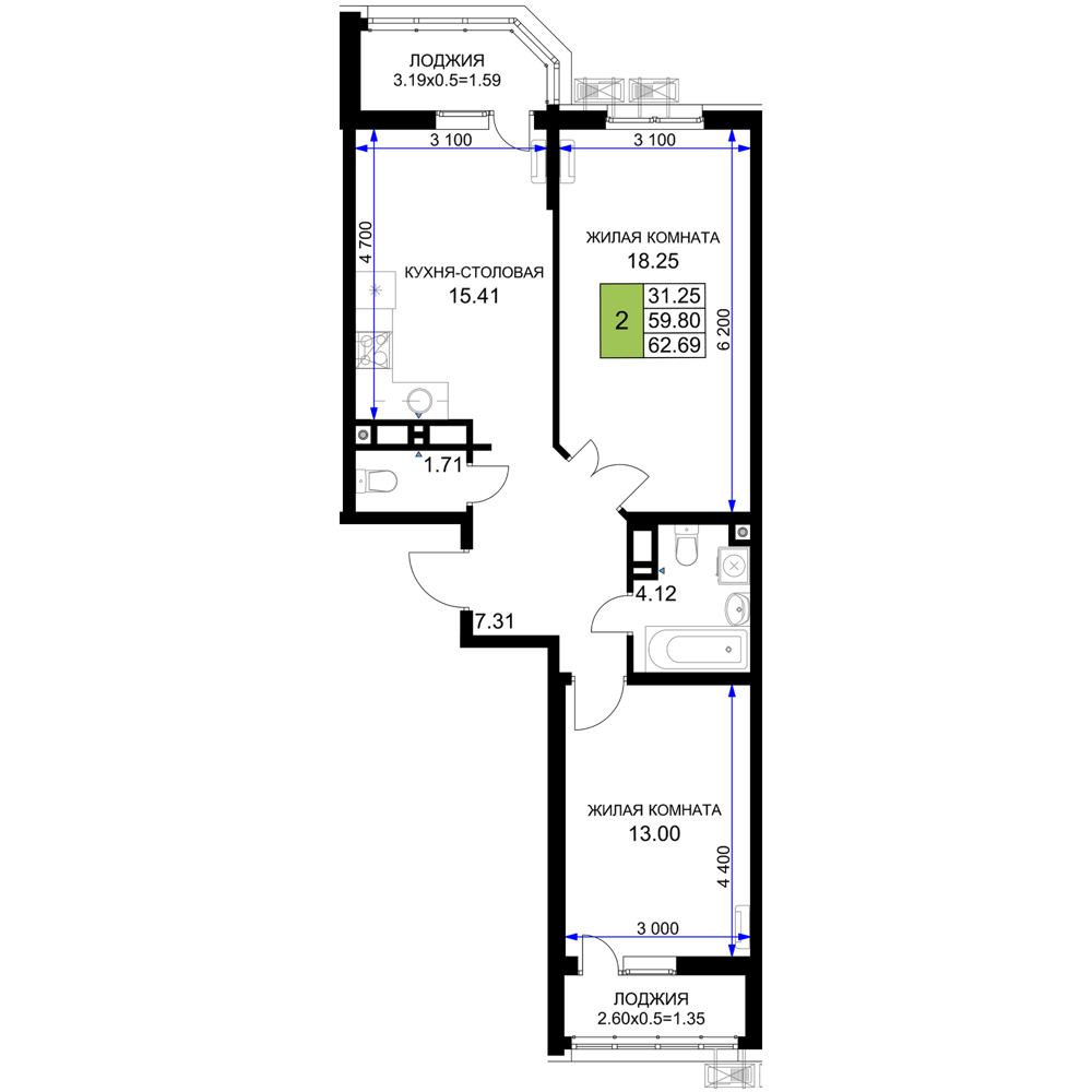 2-комнатная 62 м2 в ЖК Фонтаны корпус null этаж 15
