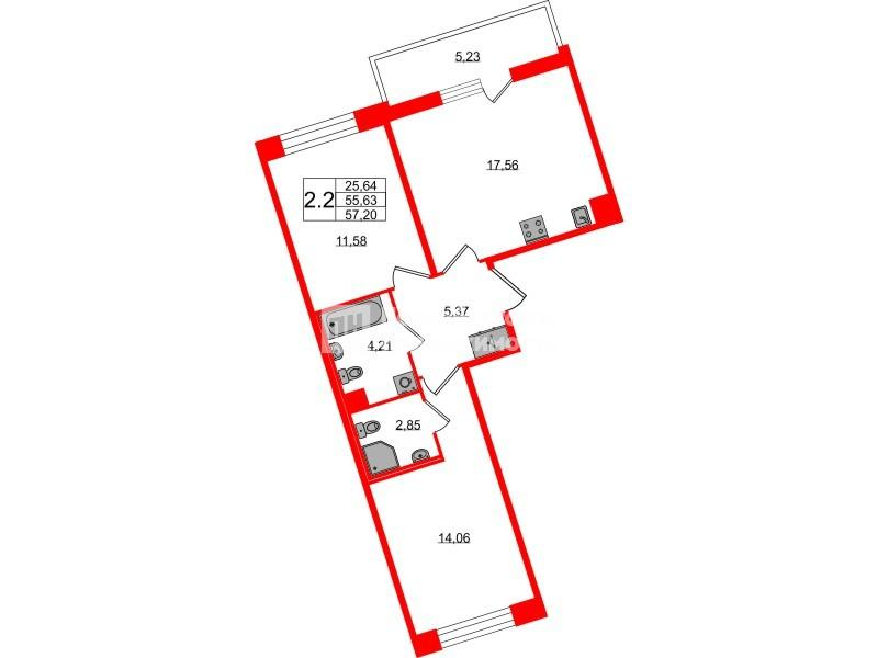 2-комнатная 55 м2 в ЖК Астра Континенталь корпус null этаж 2