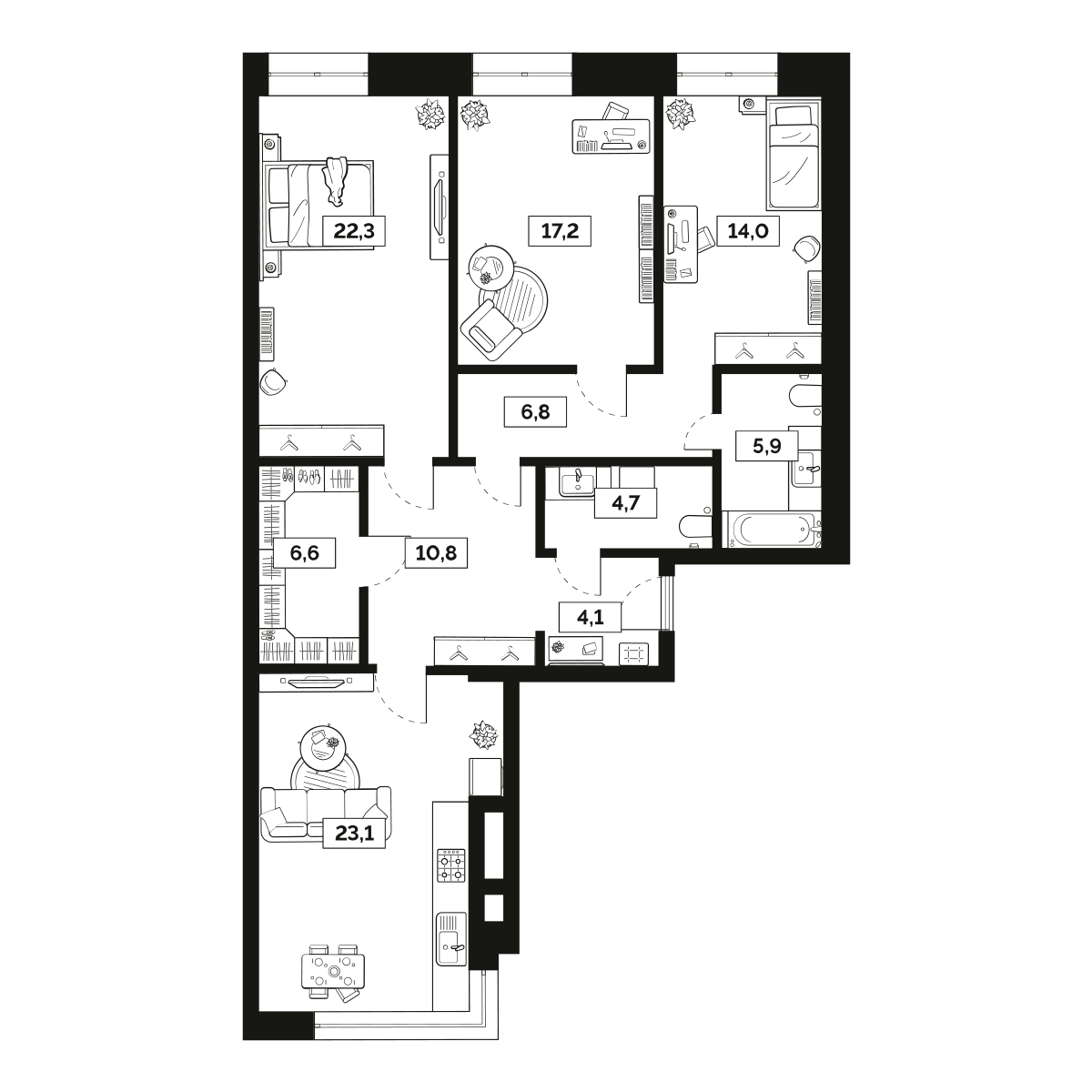 3-комнатная 115 м2 в ЖК Лайм корпус null этаж 14