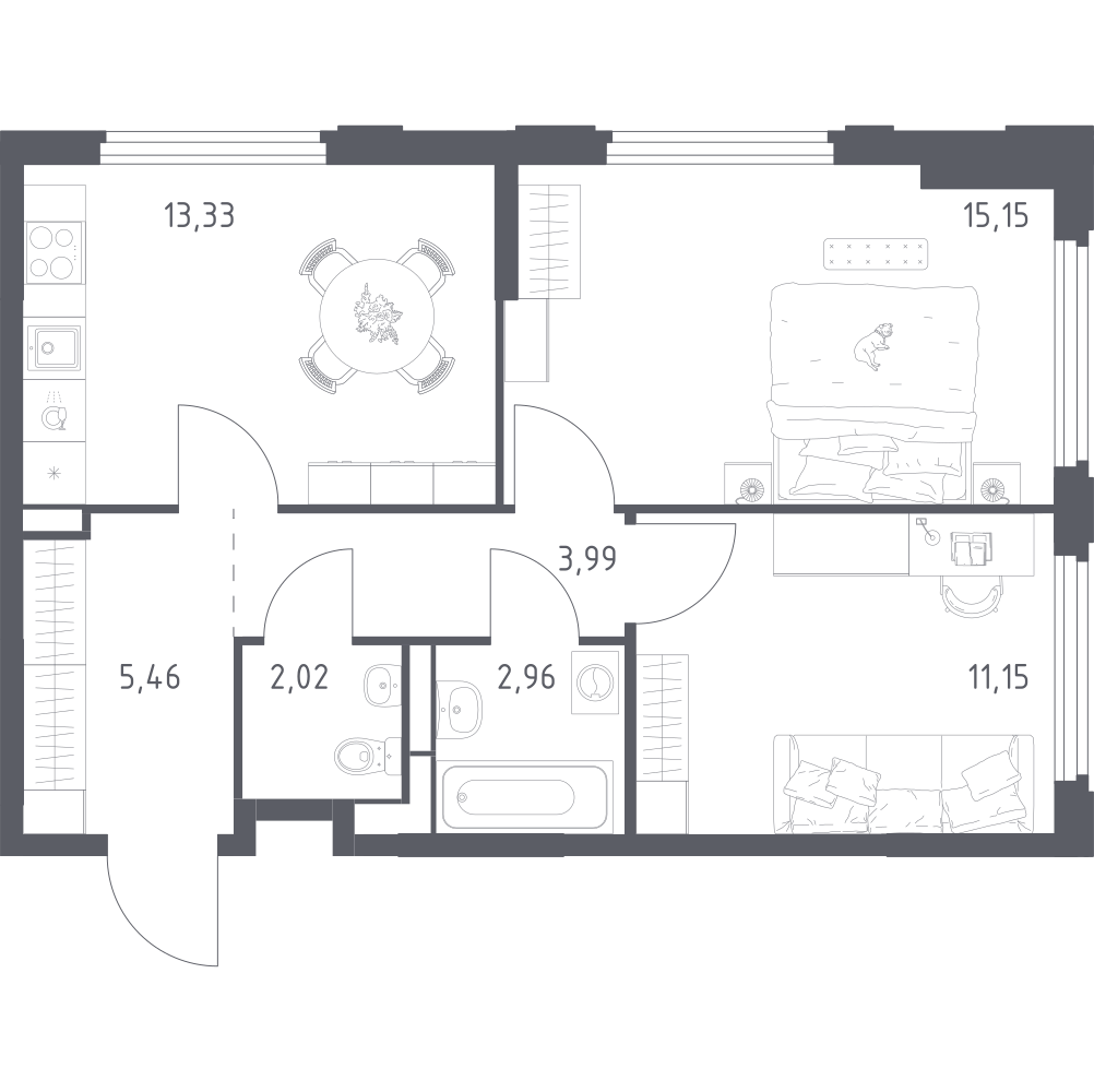 2-комнатная 54 м2 в ЖК Космический Квартал корпус null этаж 12