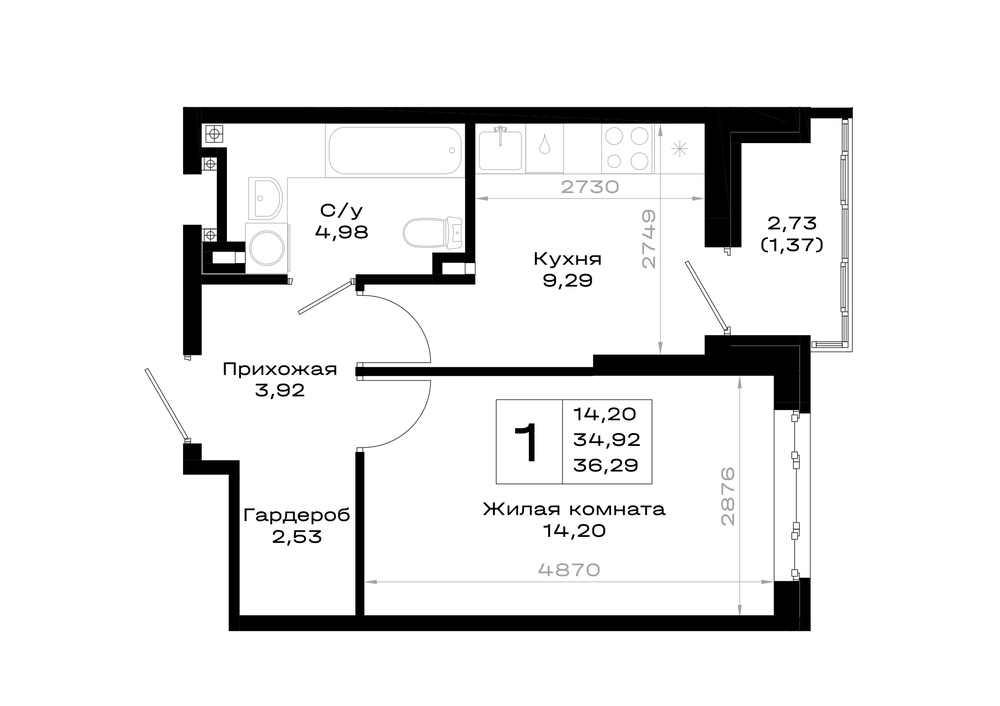 1-комнатная 36 м2 в ЖК Октябрь парк корпус null этаж 2