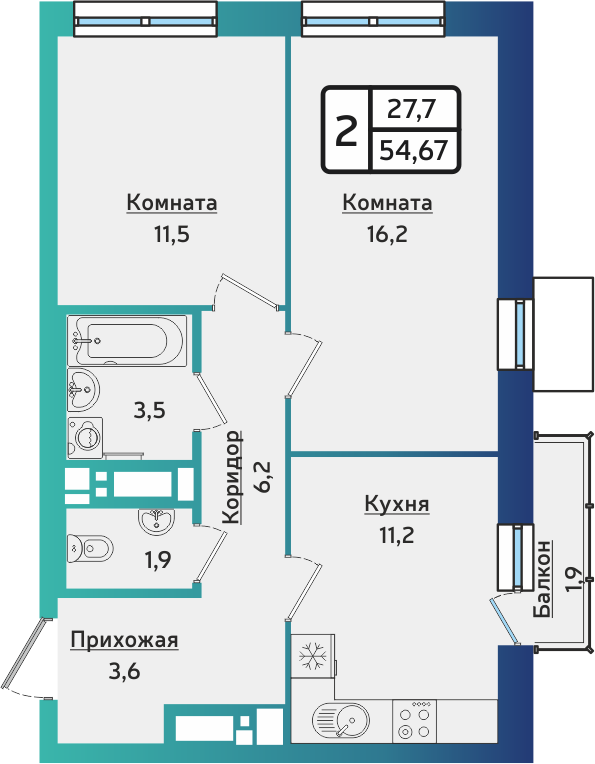 2-комнатная 54 м2 в ЖК ARTNOVA корпус null этаж 11