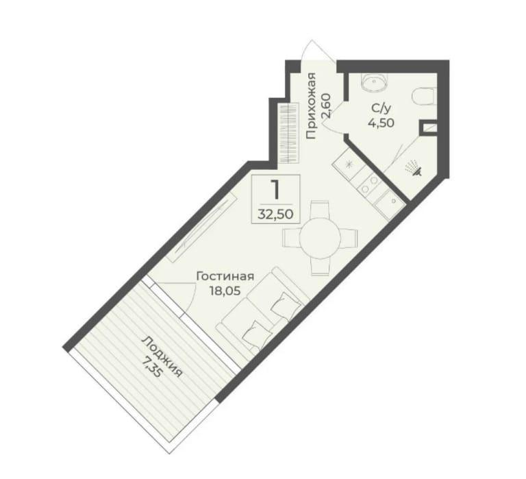 1-комнатная 32.5 м2 в ЖК undefined корпус null этаж 2