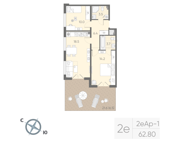 2-комнатная 62 м2 в ЖК Пулково Lake корпус null этаж 1