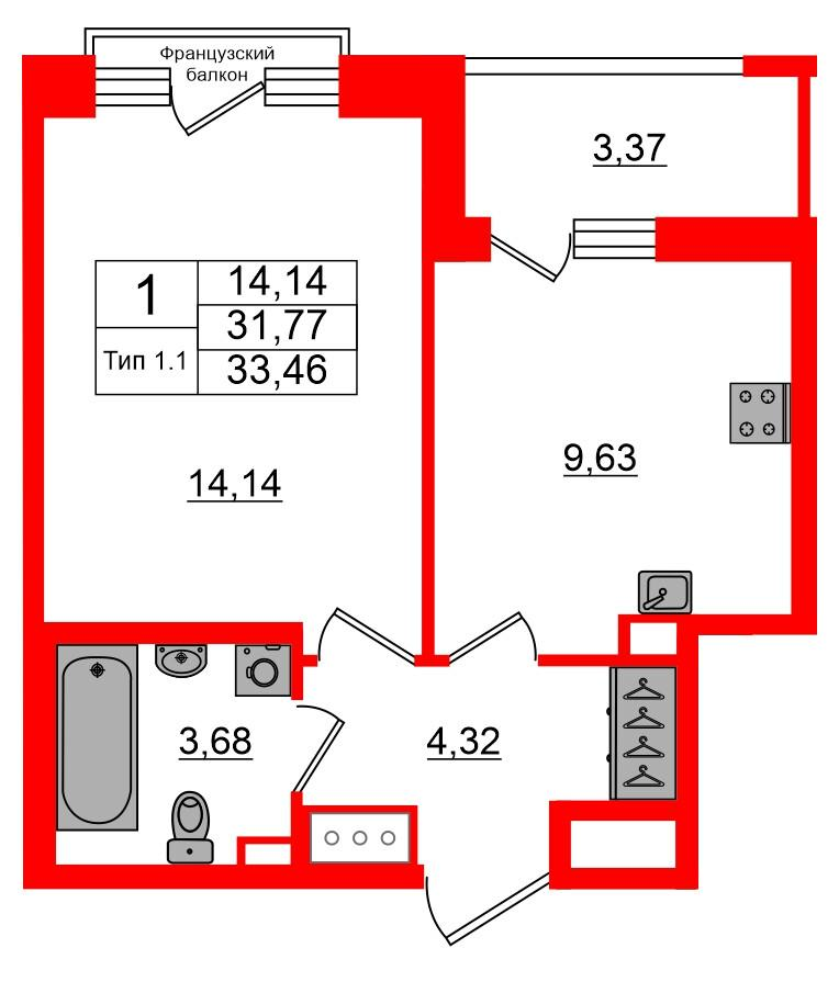 1-комнатная 31 м2 в ЖК Setl Ривьера корпус null этаж 9