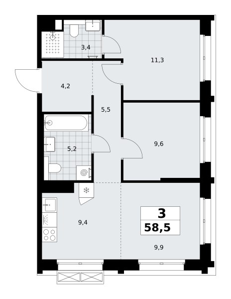 3-комнатная 58 м2 в ЖК Хольм корпус null этаж 13