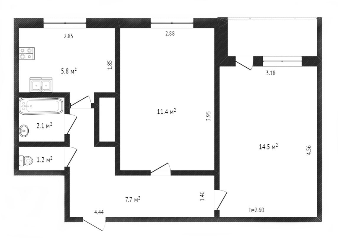 2-комнатная 42.3 м2 в ЖК undefined корпус null этаж 2