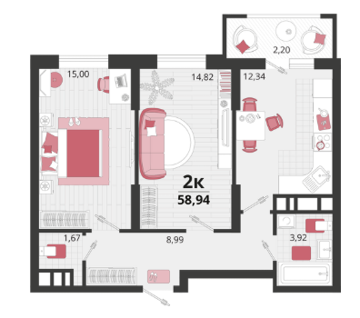 2-комнатная 58.9 м2 в ЖК undefined корпус null этаж 2
