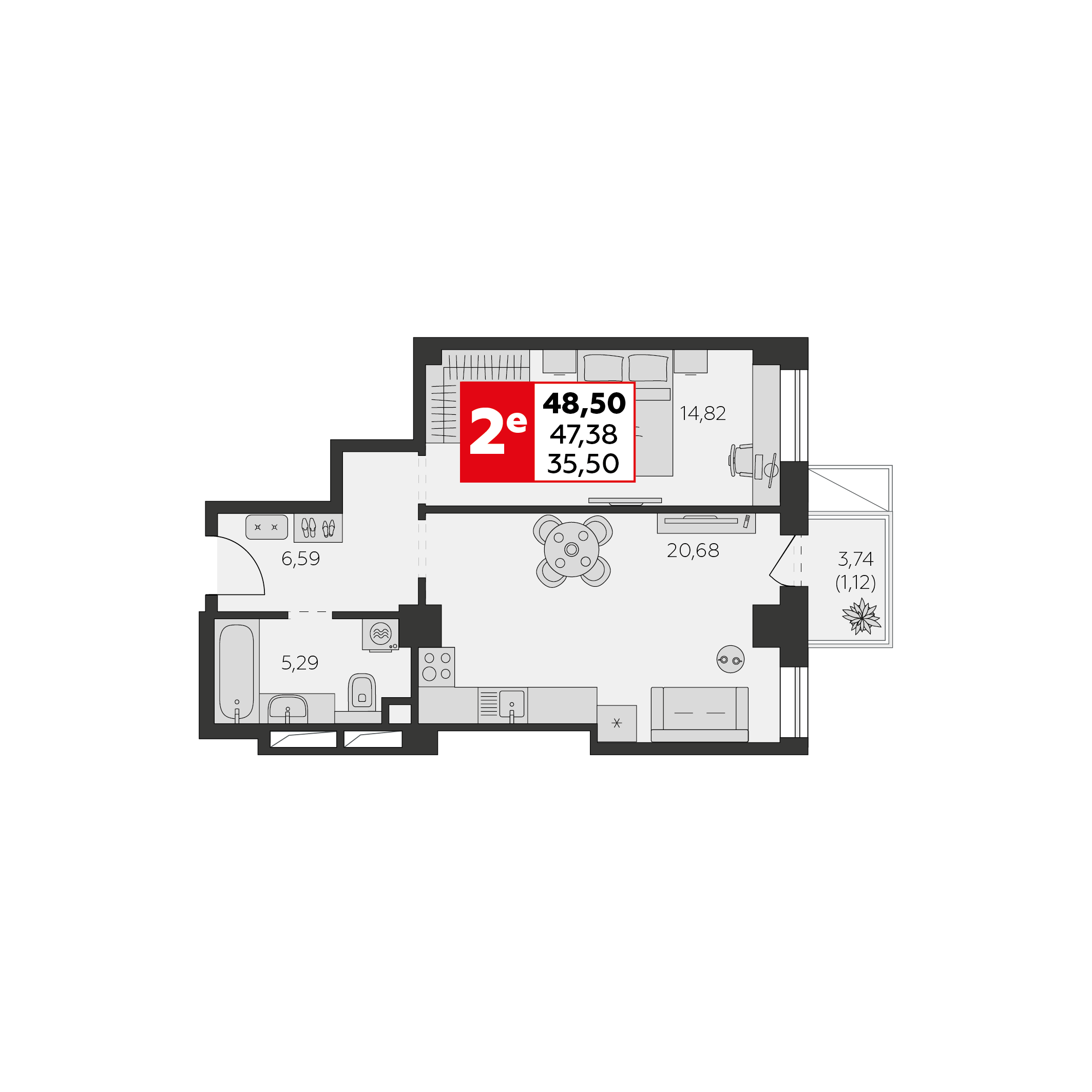 Студия 48 м2 в ЖК Высотка корпус null этаж 15