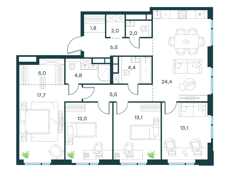 4-комнатная 113 м2 в ЖК Level Войковская корпус null этаж 16