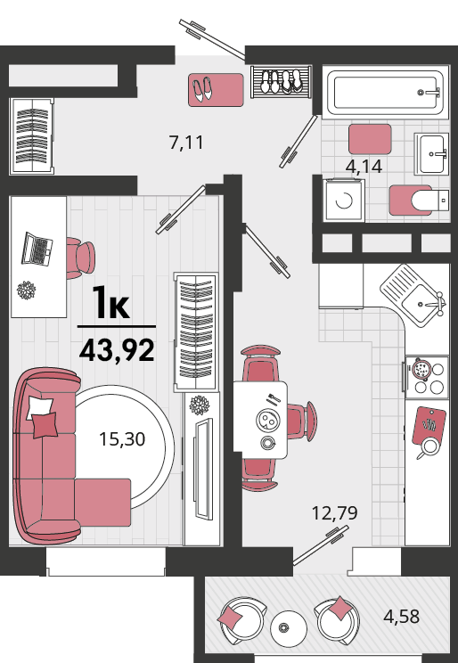 1-комнатная 43 м2 в ЖК Родные просторы корпус null этаж 3