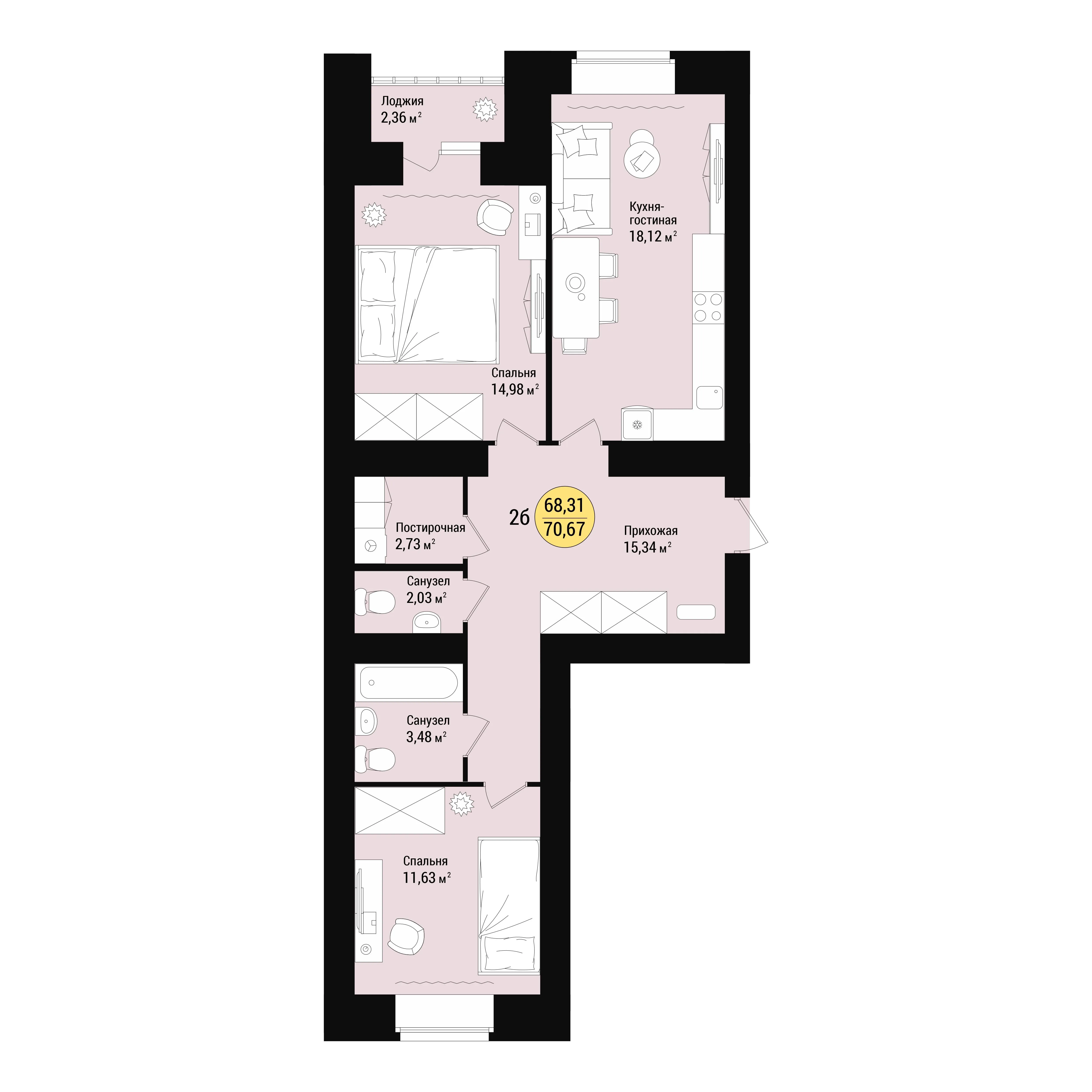 2-комнатная 70 м2 в ЖК Дубовый парк корпус null этаж 11