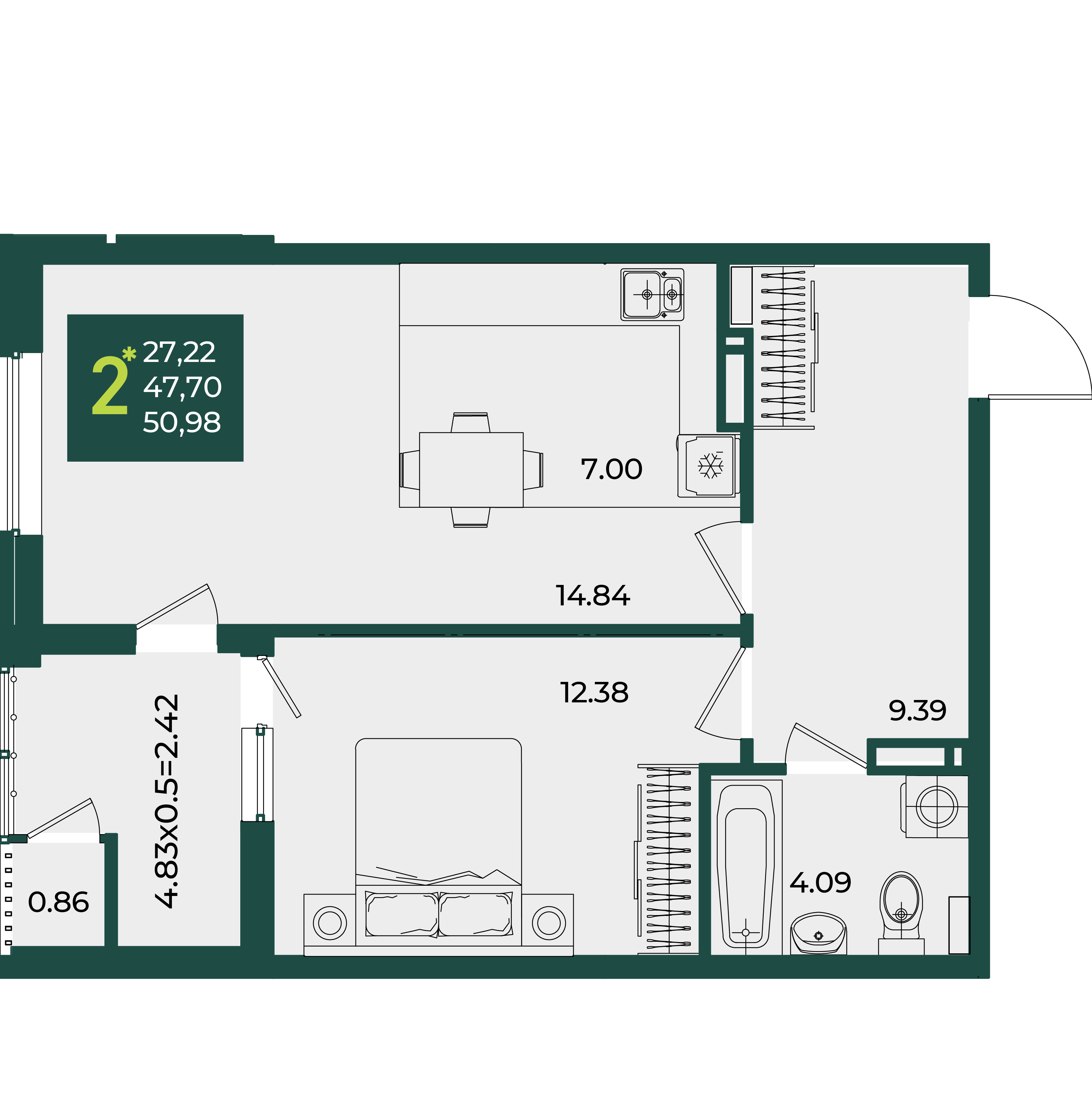 2-комнатная 50 м2 в ЖК Образцово корпус null этаж 11