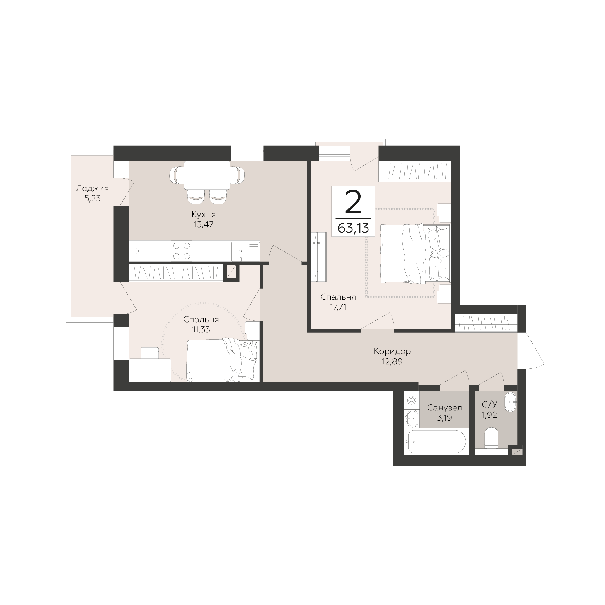 2-комнатная 63 м2 в ЖК Скай корпус null этаж 2