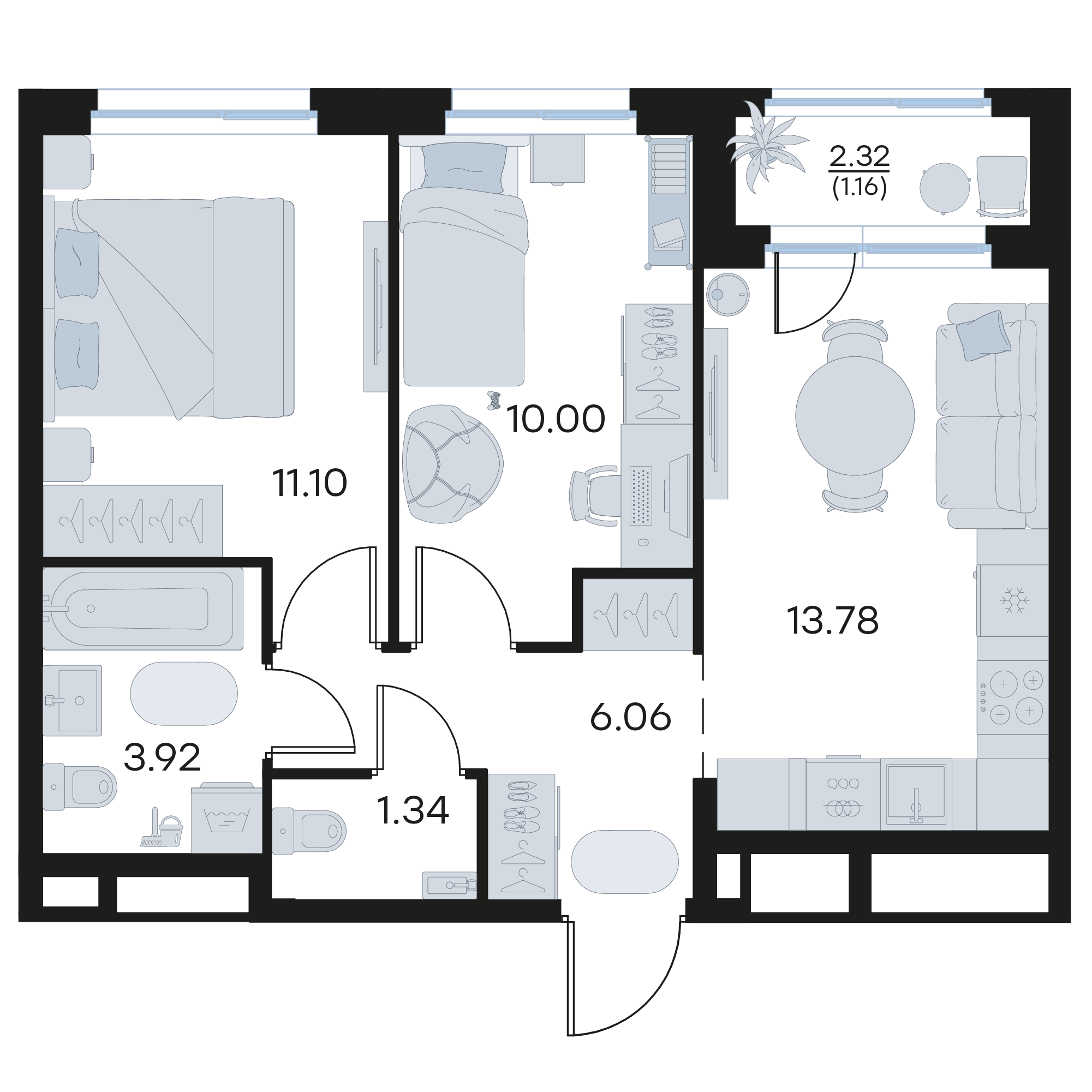 2-комнатная 47 м2 в ЖК GloraX Октябрьский корпус null этаж 9