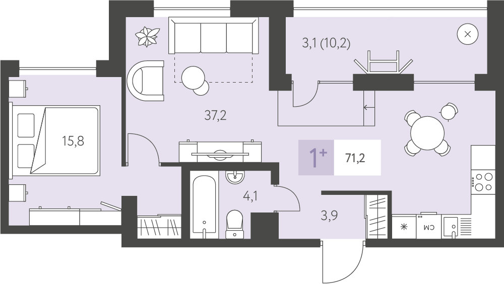 1-комнатная 71 м2 в ЖК Новый город корпус null этаж 9