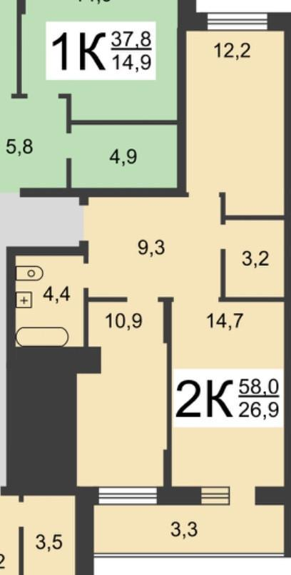 2-комнатная 58 м2 в ЖК undefined корпус null этаж 15