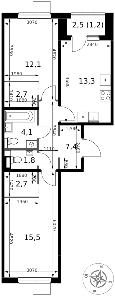2-комнатная 60 м2 в ЖК 1-й Ясеневский корпус null этаж 14
