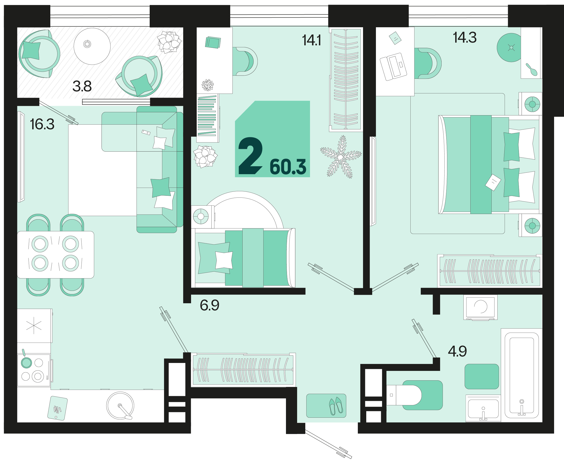 2-комнатная 60 м2 в ЖК Первое место корпус null этаж 10
