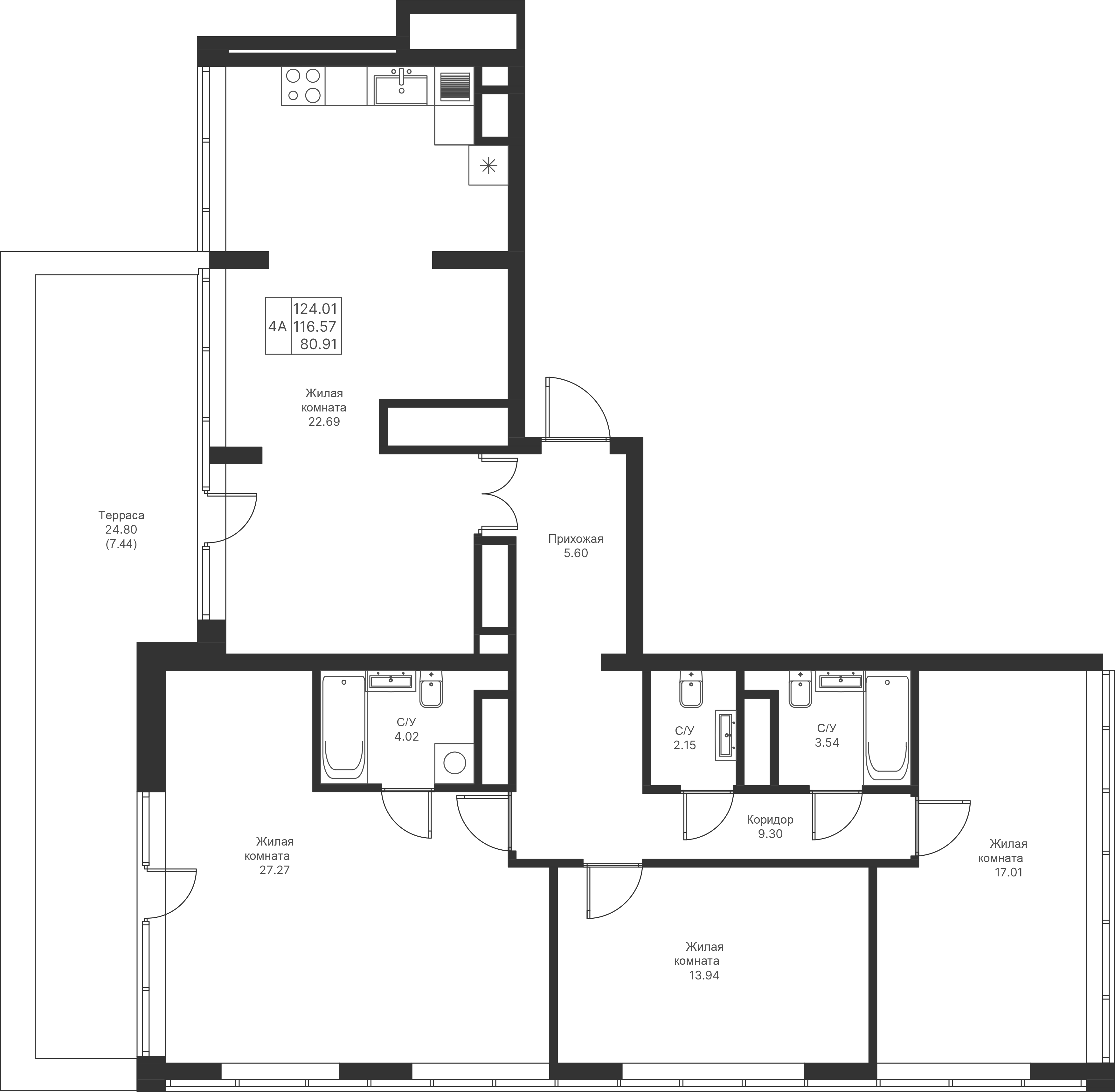 4-комнатная 124 м2 в ЖК Мой Ритм корпус null этаж 17