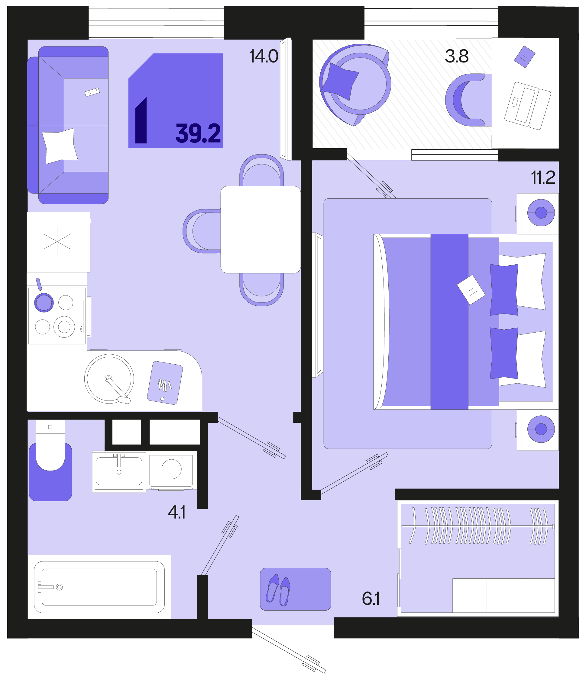 1-комнатная 39 м2 в ЖК Первое место корпус null этаж 7