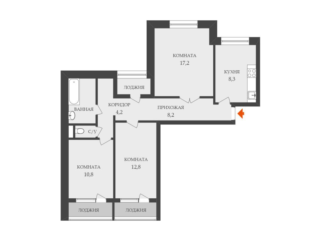 3-комнатная 71.5 м2 в ЖК undefined корпус null этаж 14