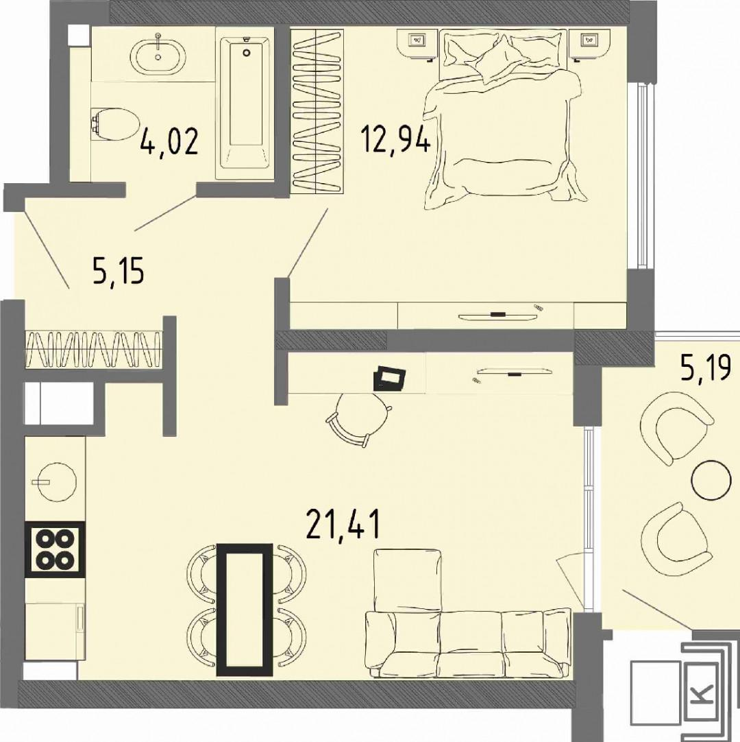 1-комнатная 45.1 м2 в ЖК undefined корпус null этаж 14
