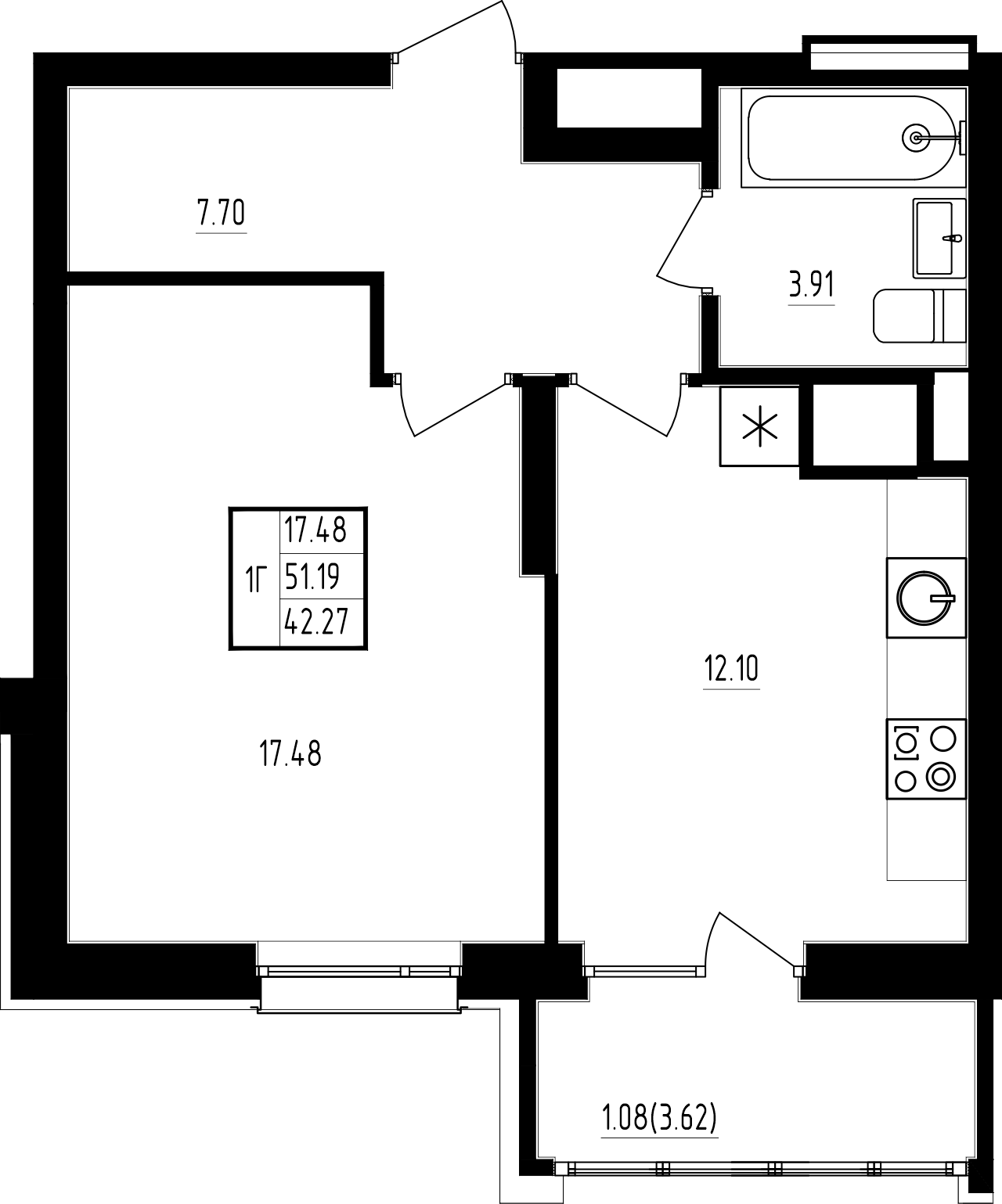 1-комнатная 41 м2 в ЖК Мечта корпус null этаж 7