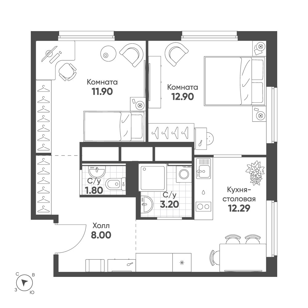 2-комнатная 50 м2 в ЖК АВЕНЮ-АПАРТ ПУЛКОВО корпус null этаж 10