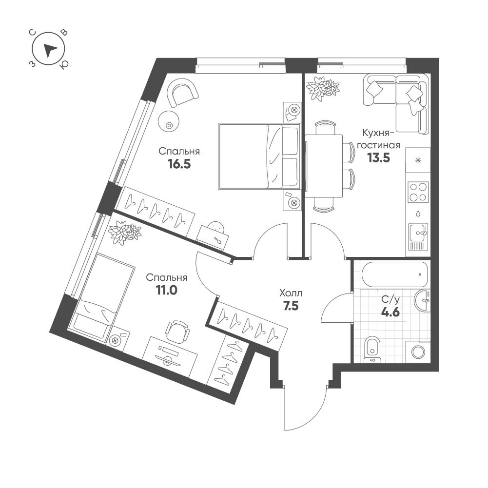 2-комнатная 53 м2 в ЖК Шагал корпус null этаж 17
