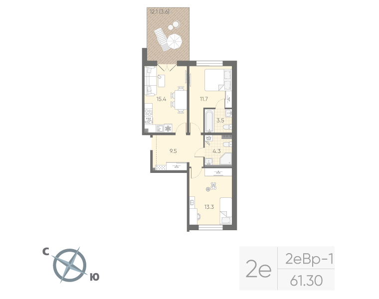 2-комнатная 61 м2 в ЖК Пулково Lake корпус null этаж 1