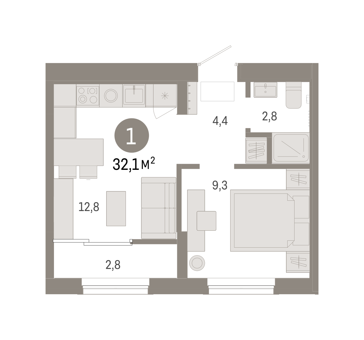 1-комнатная 32 м2 в ЖК Октябрьский на Туре корпус null этаж 8