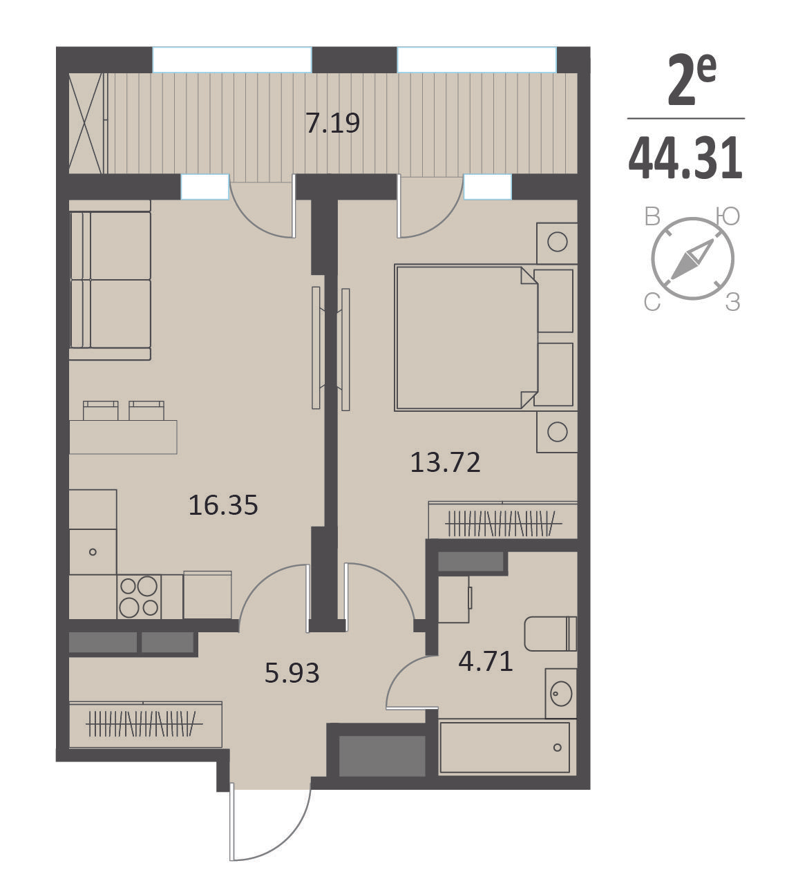 1-комнатная 44 м2 в ЖК Инстеп.Хуторская корпус null этаж 10