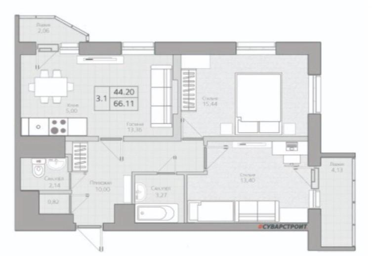3-комнатная 66.1 м2 в ЖК undefined корпус null этаж 23