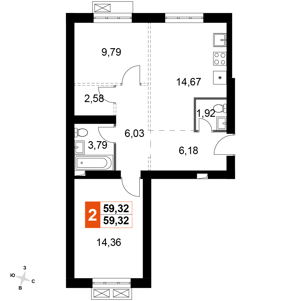 2-комнатная 59 м2 в ЖК Жаворонки Клаб корпус null этаж 3