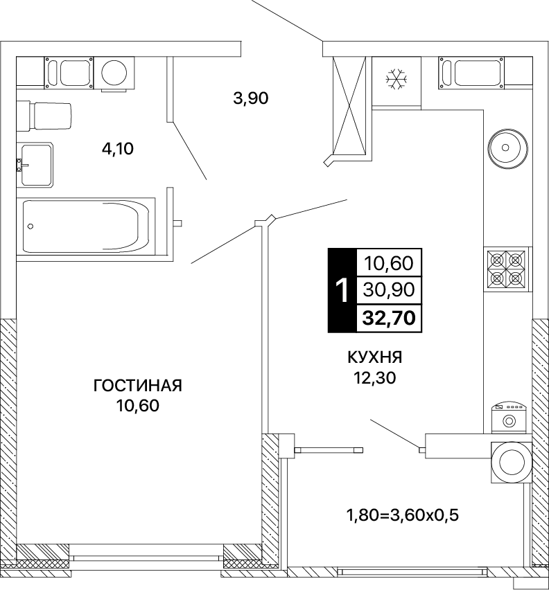 1-комнатная 32 м2 в ЖК Сияние корпус null этаж 11